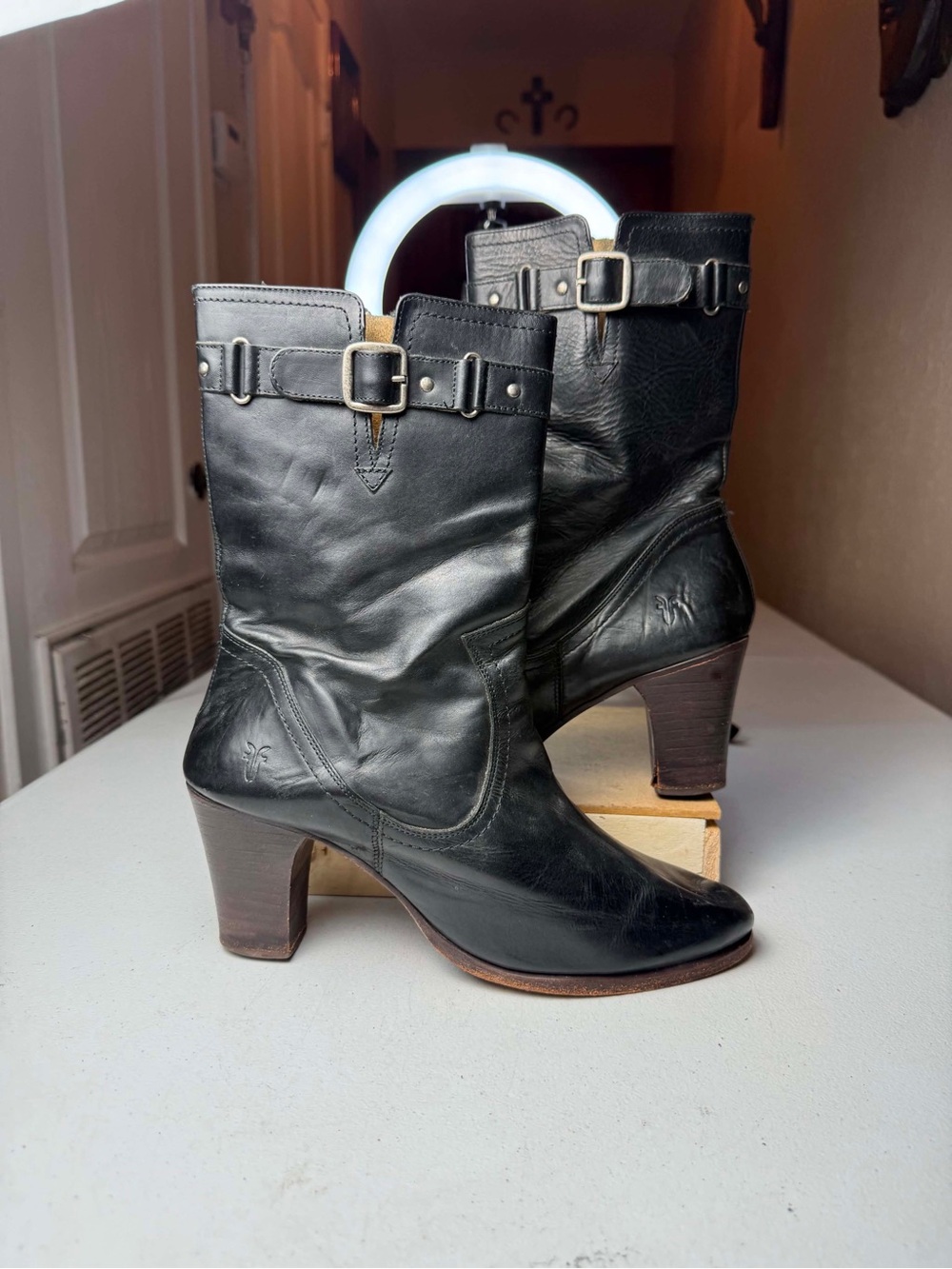 FRYE Black Leather Harlow Multi Strap Women's Heeled Boots Sz 9 US